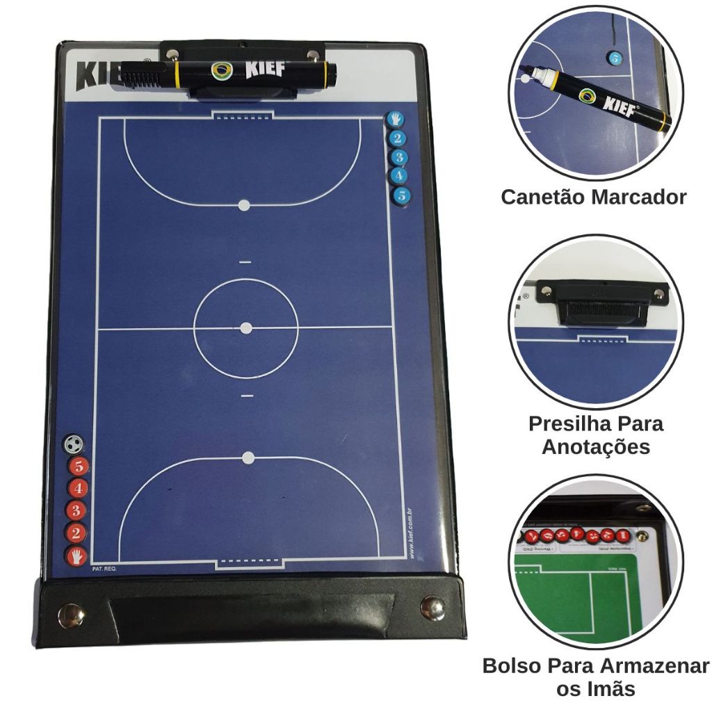 Prancheta Tatica Magnetica Futsal Profissional Para Tecnicos KIEF Caneta Imãs e Clips Para Anotações