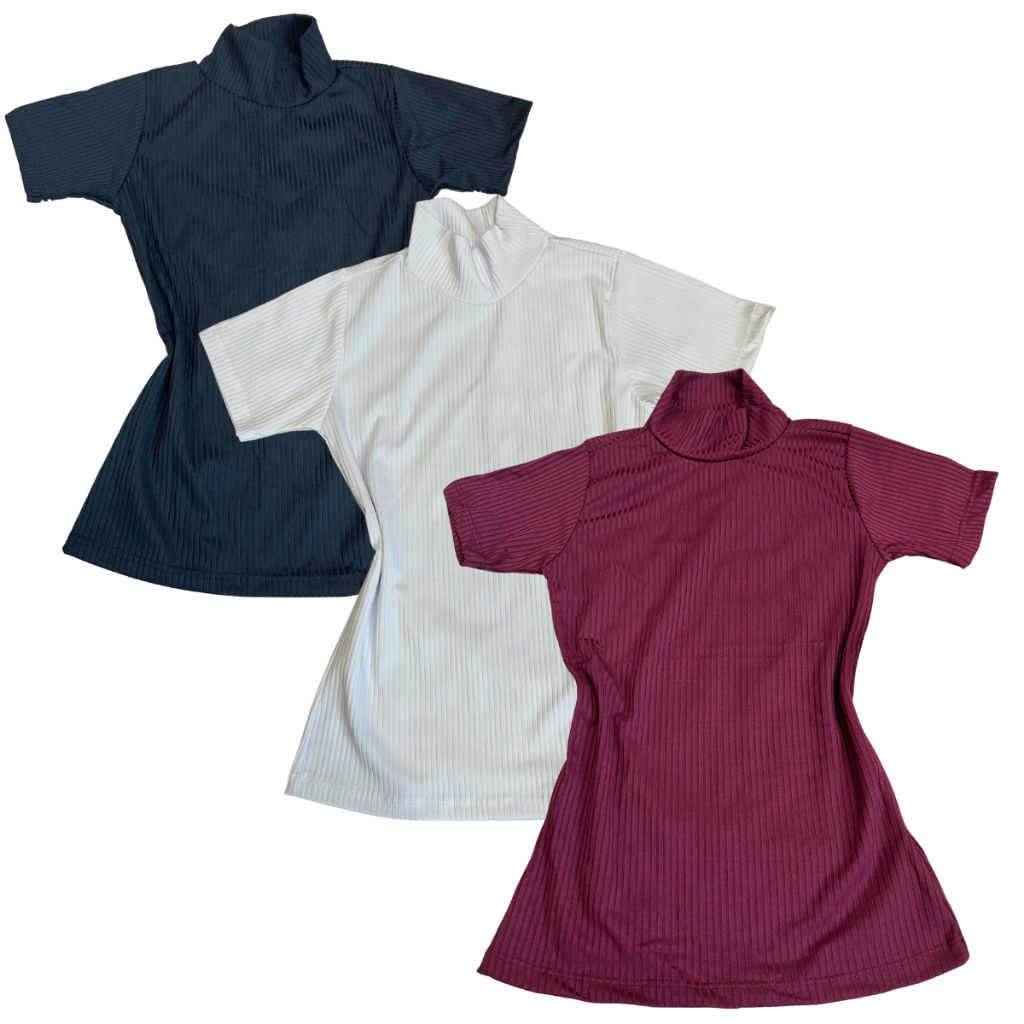 KIT 3 Blusa Blusinha T Shirt Feminina Canelada Gola Alta Manga Curta Blusinha Look Moda Verão