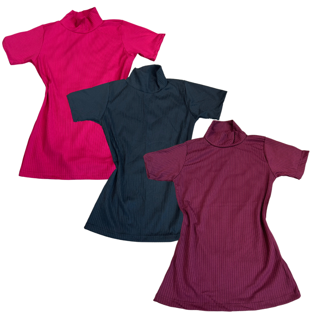 KIT 3 Blusa T Shirt Feminina Canelada Gola Alta Manga Curta Look Moda Verão