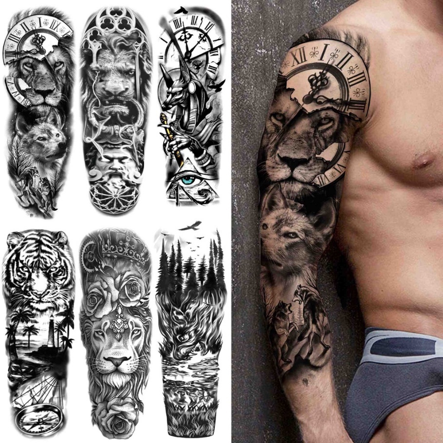 Tatuagem Falsas Temporária de Braço Completo Grande Tribal de Manga Corporal Dragão Tigre Leão Rei