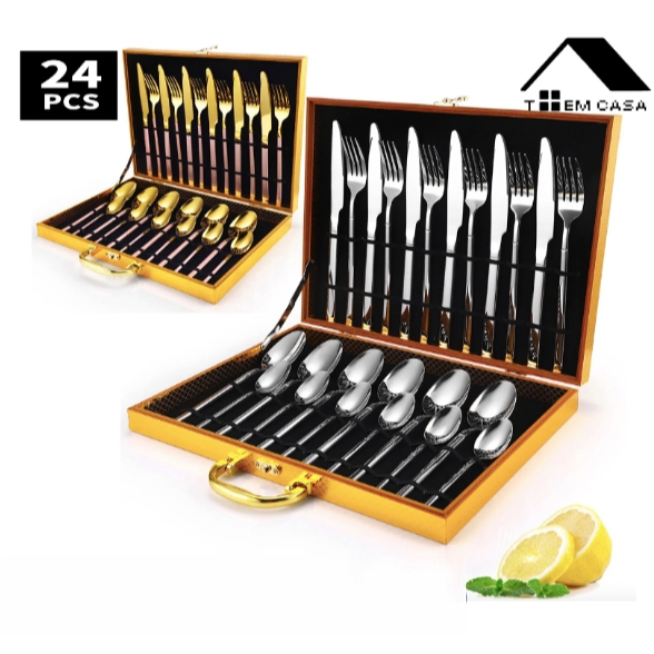 Jogo Talheres 24 Peças Faqueiro Inox Maleta Dourado E Prata Resistente Premium Lindo Moderno Cozinha
