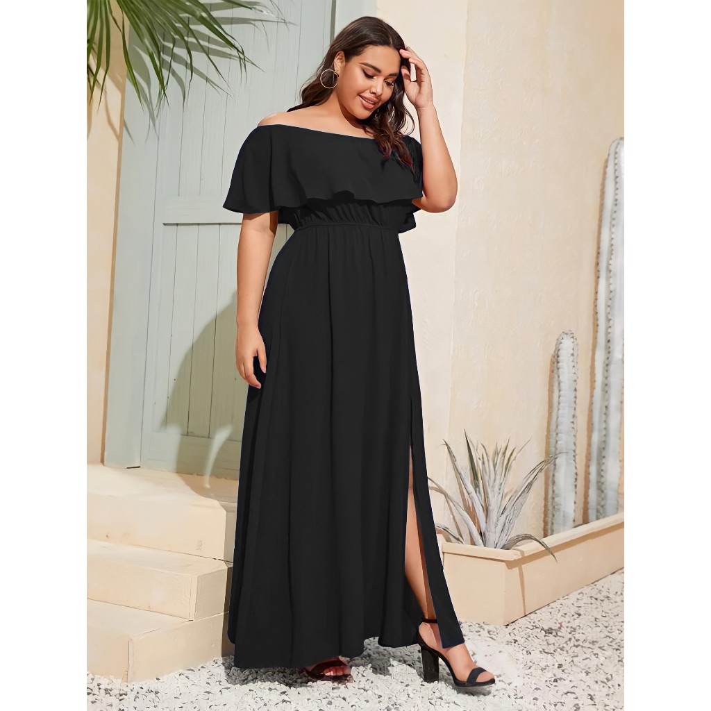 Vestido Longo Feminino Plus Size Fenda Babado Ombro a Ombro Ciganinha Moda Feminina Roupas Plus Size