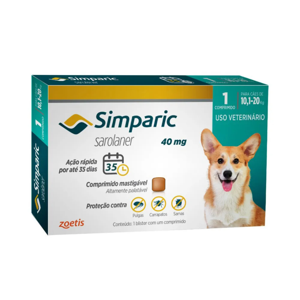 Simparic Antipulgas Para Cães 10,1 a 20 kg (40 mg) Caixa 1 comprimido