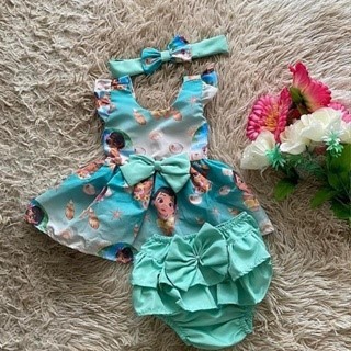 Conjunto Menina Bebê Carinho Moana Baby Verde + Laço de Cabelo +Calcinha
