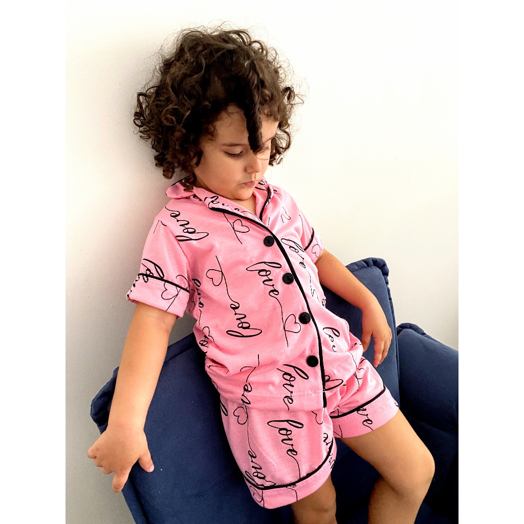 Pijama Infantil Americano Feminino de Criança Short e Camisa com Botões de Menina Malha Verão