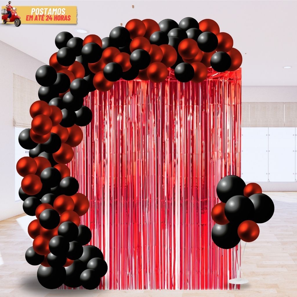 Kit 100 Balão Latex e Cromado Vermelho Croma e Preto + Cortina Metalizada Decoração Para Aniversário em Oferta na Shopee