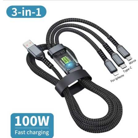 Cabo Usb Display Digital Multi Porta Fio De Carregamento Múltiplo Tipo C  Micro Iphone, Samsung, Huawei, Xiaomi, 100W Led, 3 em 1