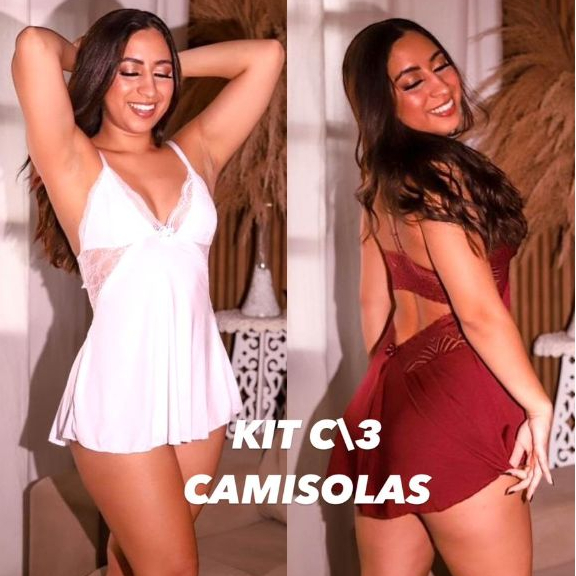 Kit 3 Camisola sexy com renda sem bojo costa nua sensual pijama roupa de dormi costas abertas