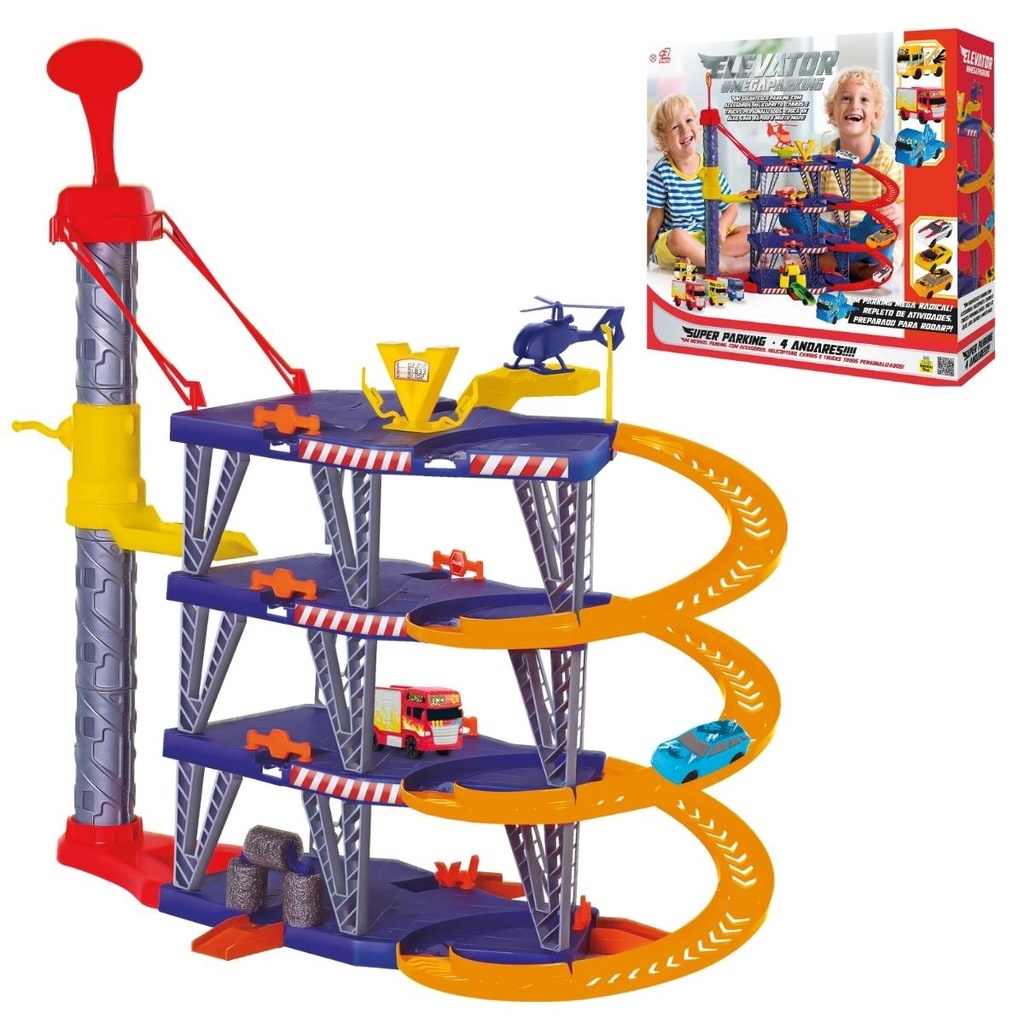 Mega Parking Elevador Pista Radical C/ Carrinho e Helicóptero - Posto Lava Rápido em Oferta na Shopee
