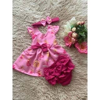 Conjunto Menina Bebê Carinho Temático Barbie +Laço de Cabelo + Calcinha