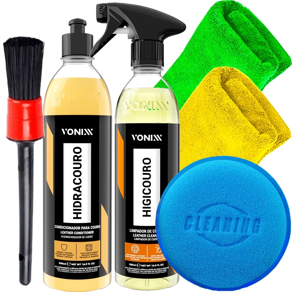 Kit Limpeza e Hidratação de Couro Vonixx Hidracouro + Higicouro Toalha e Aplicador Pincel