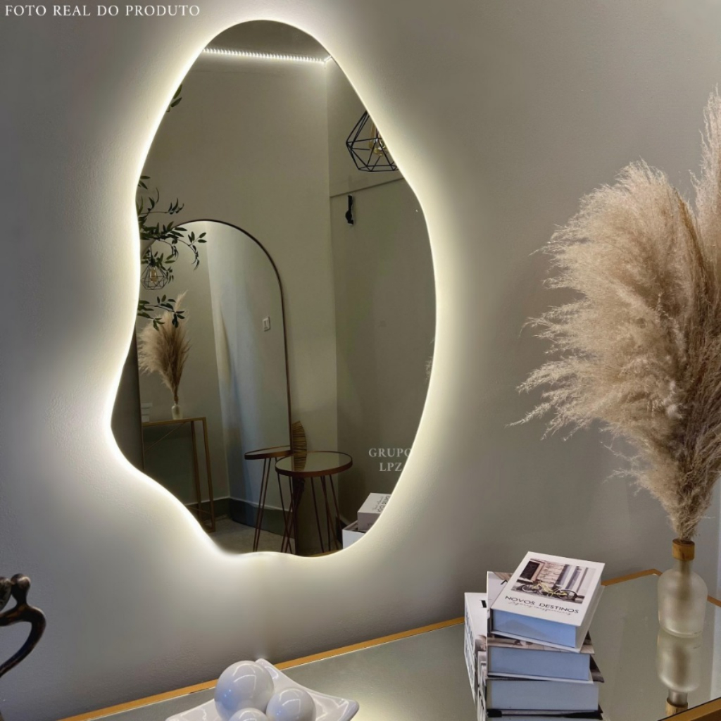 Espelho Orgânico Grande Lopazzi com LED Touch Quente Frio 90x60 Sala Quarto Loja Banheiro Decorativo - Home & Living