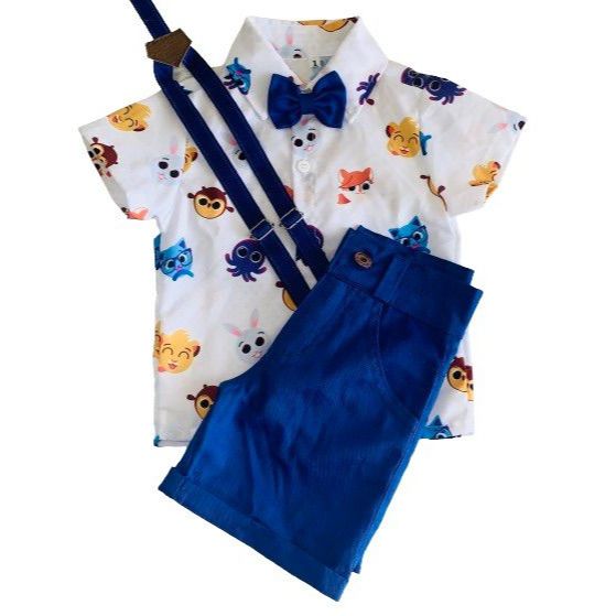 Conjunto Temático Infantil Bolofofos Menino Roupa Camiseta Festa Aniversário Pão Queijo Suspensórios