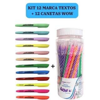 Kit 12 Marca Texto (6 Neon + 6 pastel) Masterprint + 12 Canetas Esferográficas Wow 0.7mm Coloridas em Oferta na Shopee