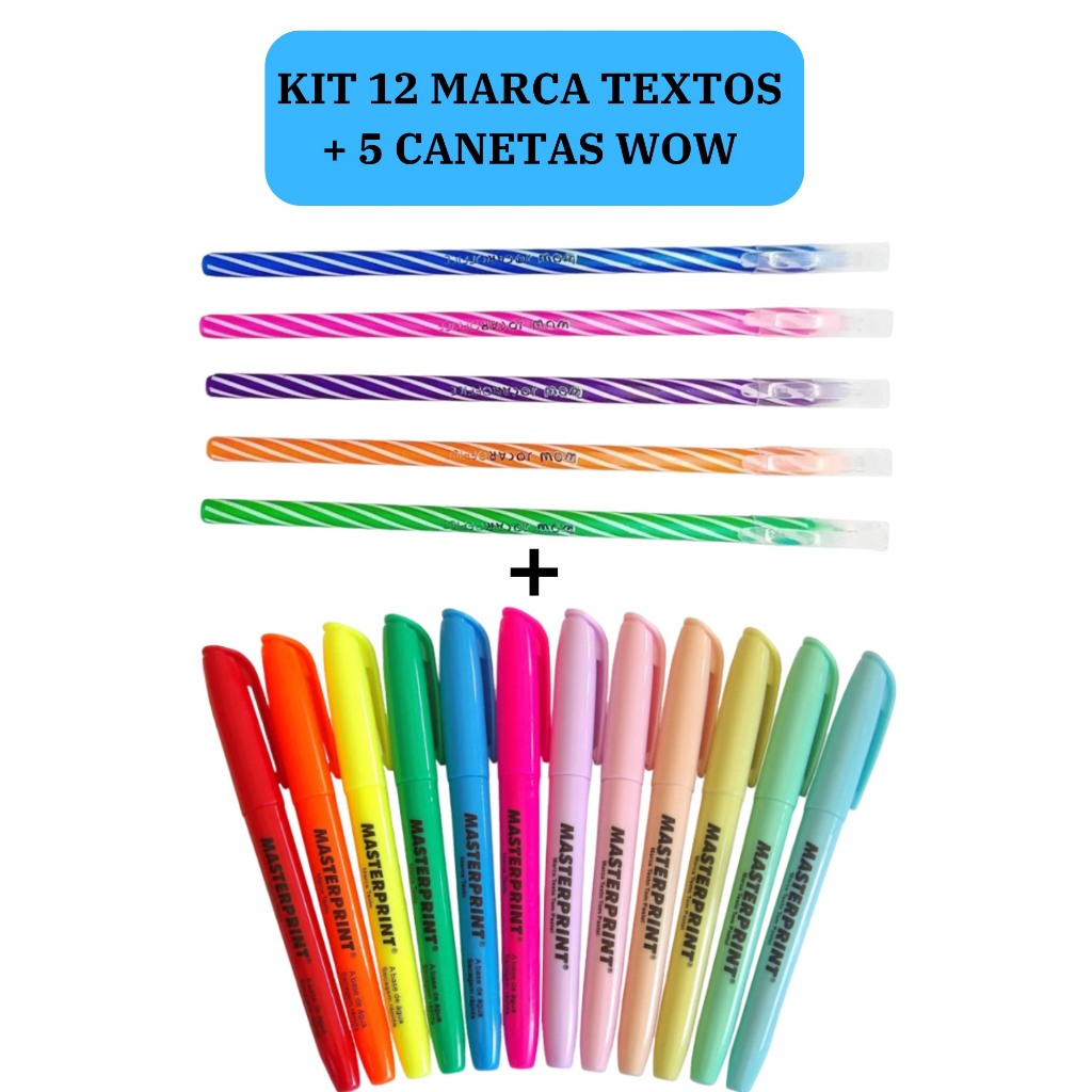 Kit 12 Marca Texto (6 Neon + 6 pastel) Masterprint + 5 Canetas Esferográficas Wow 0.7mm Coloridas em Oferta na Shopee
