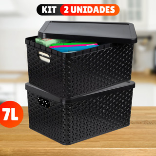 Kit Com 2 Cesto Caixa Organizadora Rattan Com Tampa 7 Litros Preto