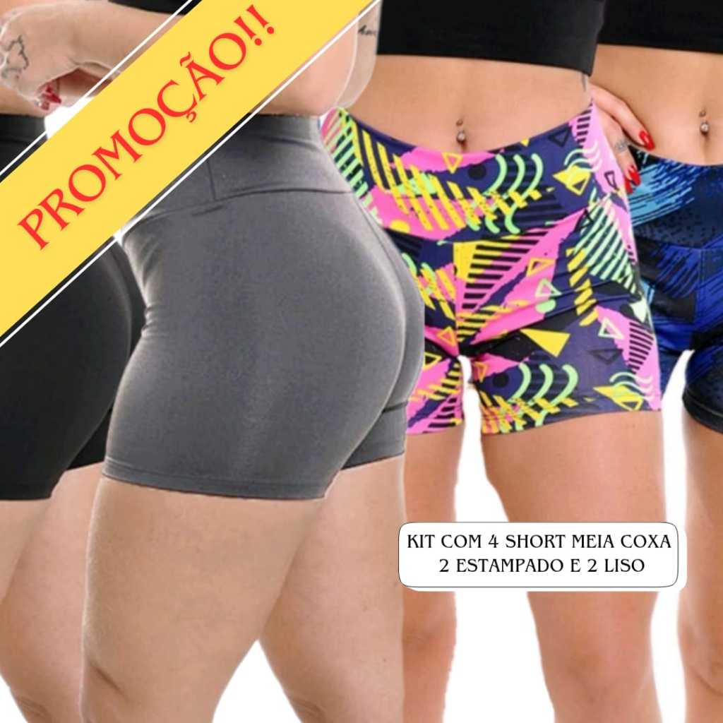 Kit c/ 04 Short Feminino Suplex Yoga/Fitness/Academia/Ciclista/Liso/Estampado