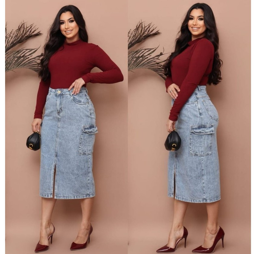Saia Jeans Cargo Longa Feminina Com Abertura e Bolsos Moda Cristã Evangélica — imagem 2 de 2