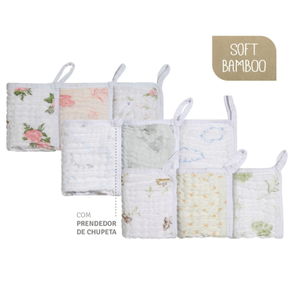 PANINHO DE BOCA SOFT BAMBOO MAMI C/ PRENDEDOR DE CHUPETA 25cm X 25cm CONTEM 03 UN