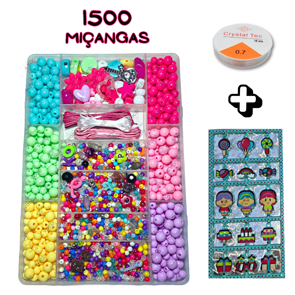 Kit Bijuterias Miçanga 1500 Peças Infantil Com Fio De Silicone E Cartela de Pingentes Criança Adolescente