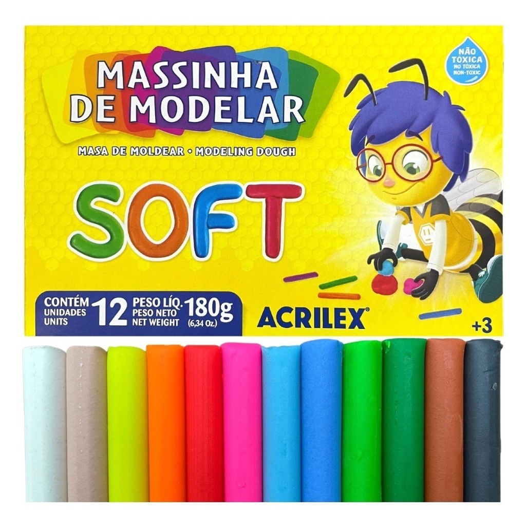 Massinha de Modelar Acrilex Soft 12 Cores Escolar 180g + Macia