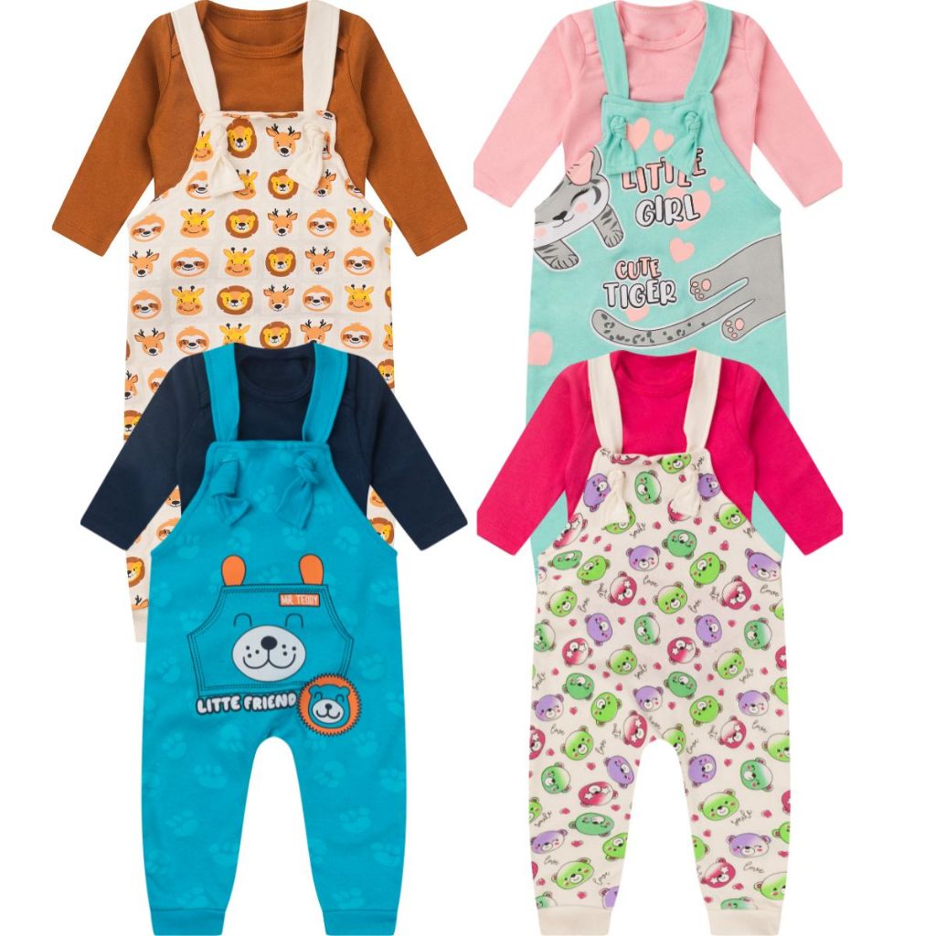 kit 4 peças Jardineira e Body Manga Longa Material Suedine 100% Algodão Roupa Bebê Menino Menina tamanhos P M G 1 2 3