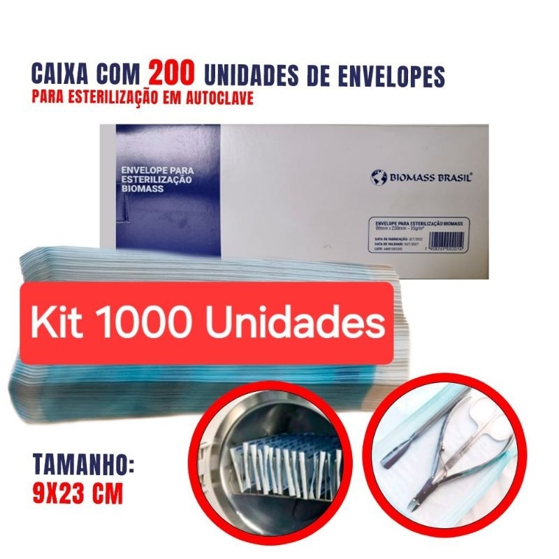 KIT 1000 ENVELOPES AUTOSSELANTE 9X23cm ESTERILIZAÇÃO MANICURE E PEDICURE