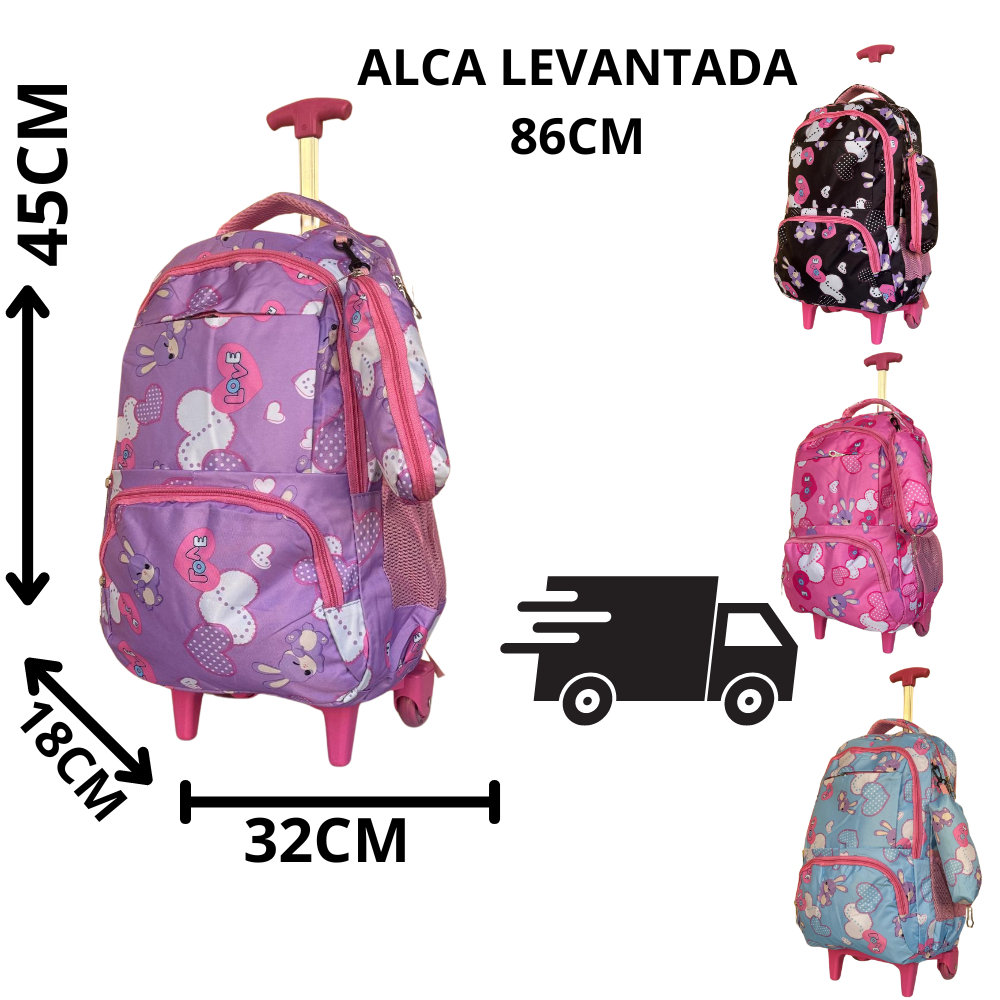 Mochila de Rodinha Com Estojo Escolar Feminina Estampado Nylon Impermeável Grande Volta Às Aulas