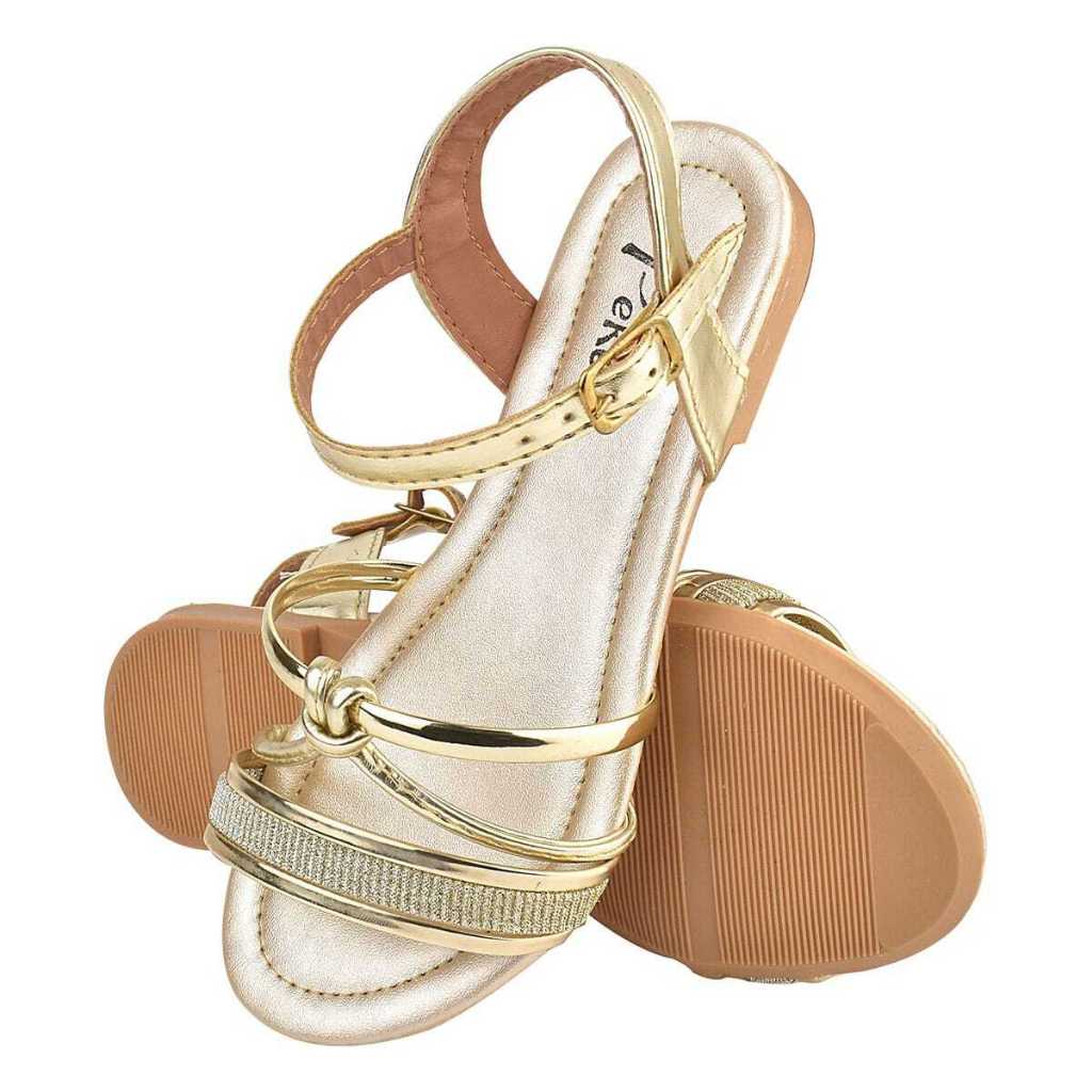 Sandália Feminina Infantil Dourada com Brilho Rasteira Sem Salto Confortavel Casual Enfeite Strass Rasteirinha Pedraria