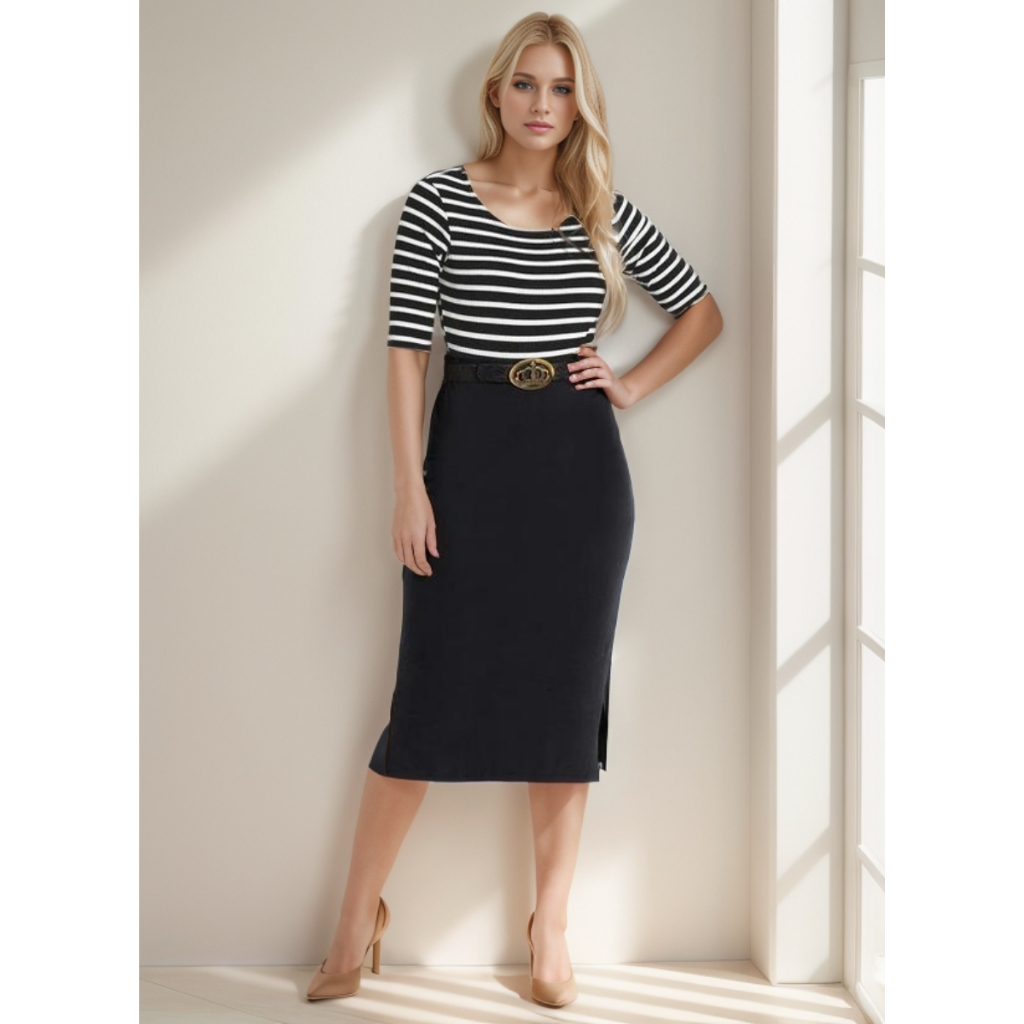 Saia Midi Lápis Canelada Cintura Alta Secretária Social Moda Evangélica Modeladora Preta