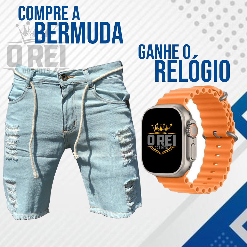 Kit Masculino Bermuda Jeans Clara Rasgada Short Masculino Rasgado + Relógio Esportivo A Prova D'Água