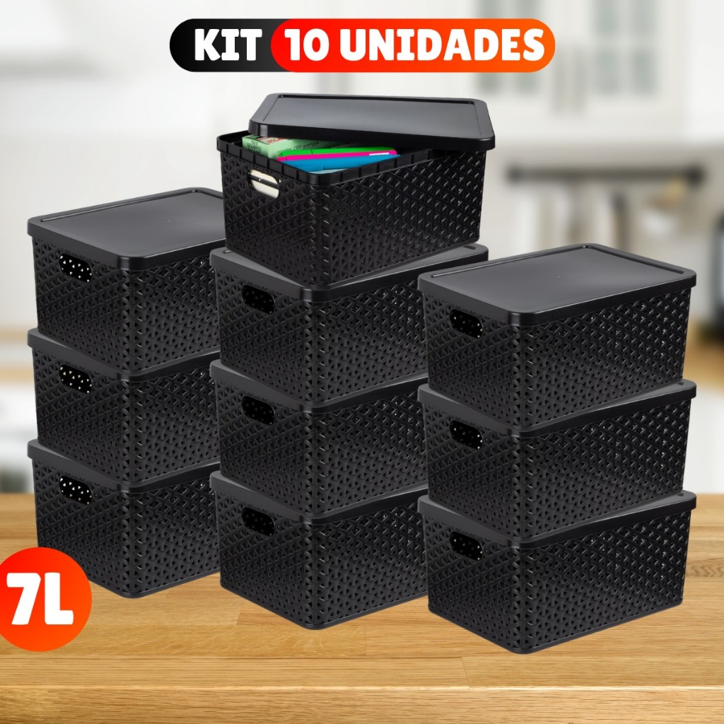 Kit Com 10 Cesto Caixa Organizadora Rattan Com Tampa 7 Litros Preto