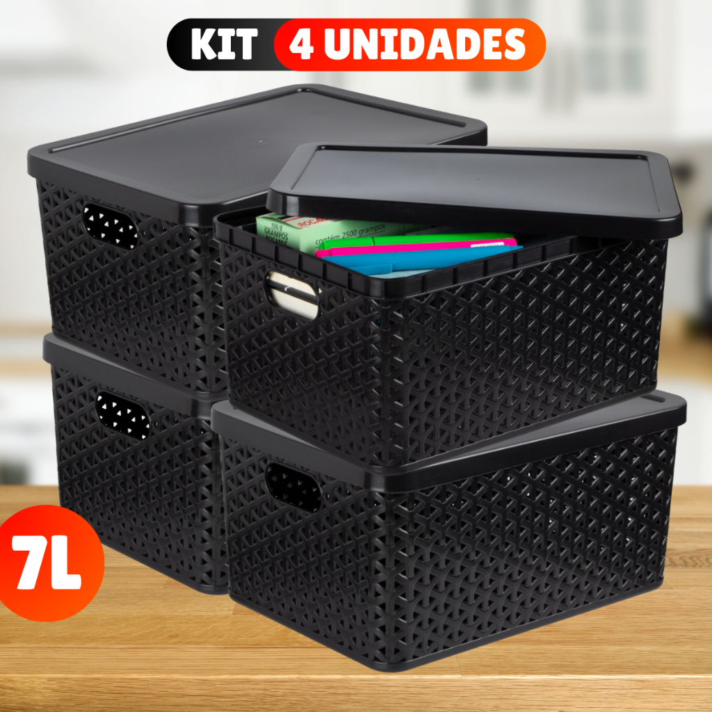 Kit Com 4 Cesto Caixa Organizadora Rattan Com Tampa  7 Litros Preto