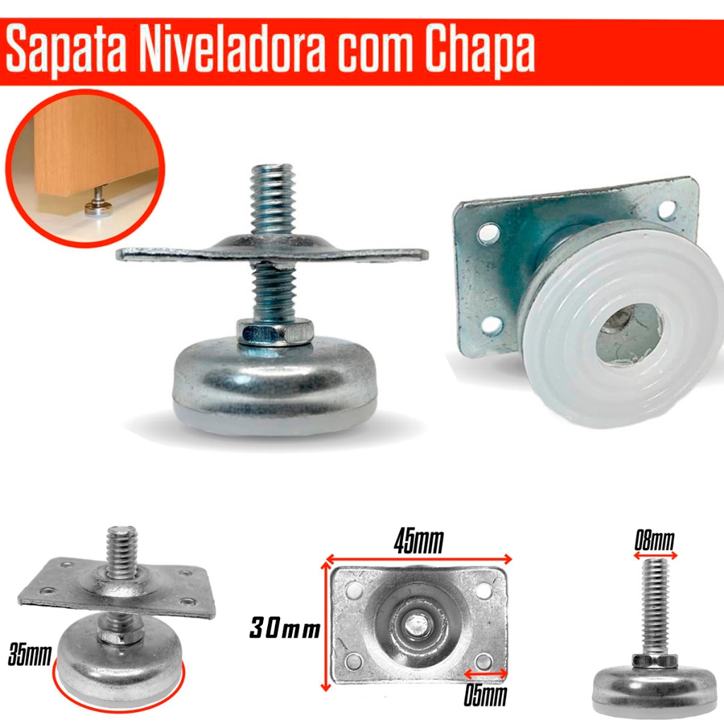 Kit 4/6/8/10/20 Pé Nivelador Industrial Chapa Reta 30x45mm rosca 5/16 zb  Sapata
