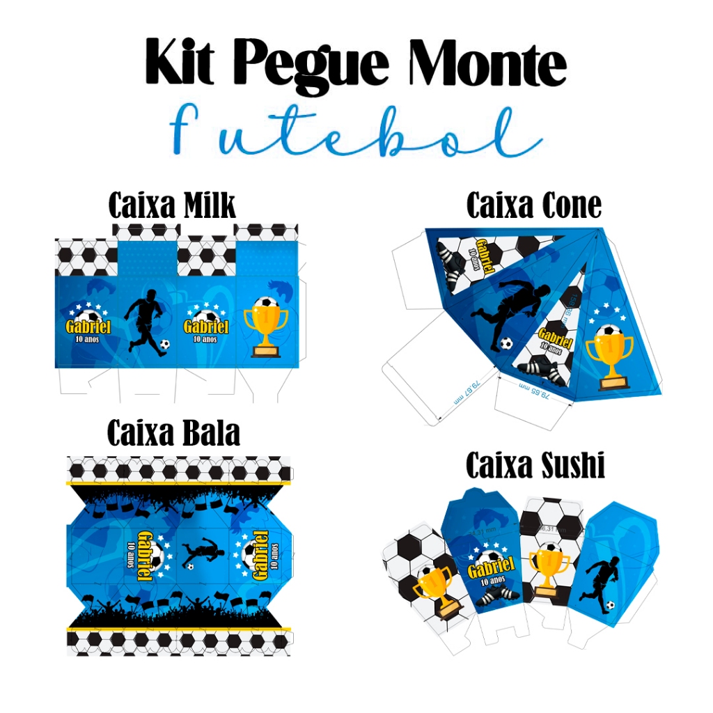 Kit Pegue Monte Personalizados Futebol Time Azul 20 a 60 Caixinhas Lembrancinhas Aniversário