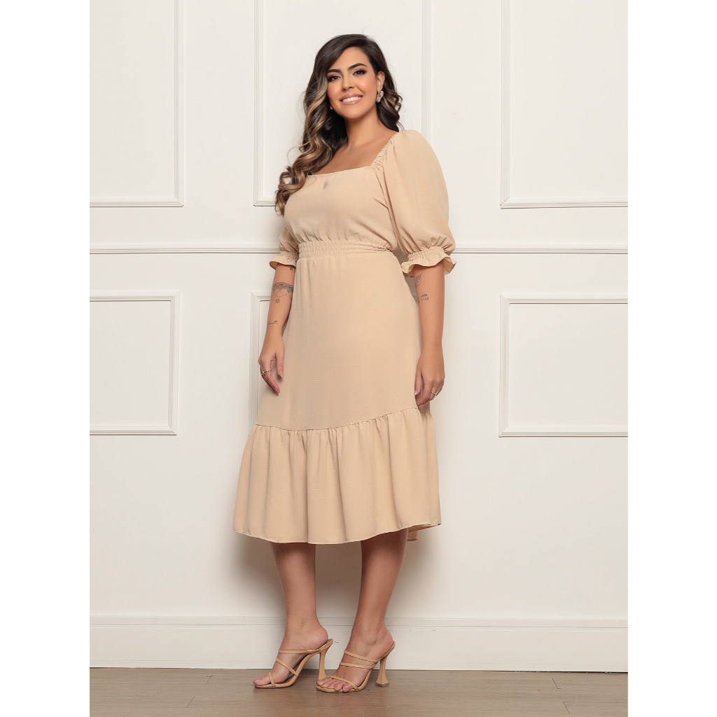 Vestido Mídi Feminino Manga 3/4 Bufante Princesa Tecido Duna Premium Plus Size Com Elastex Decote Quadrado Casual