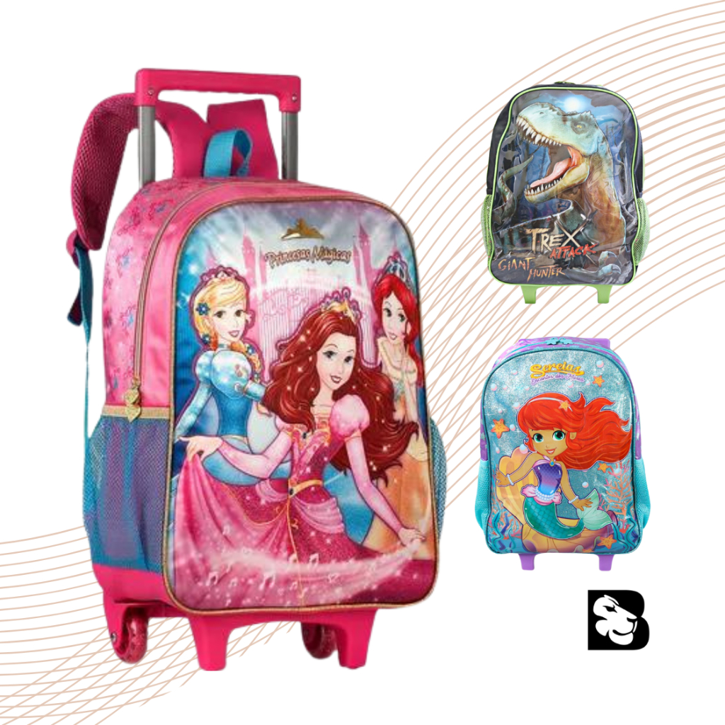 Mochila Com Rodinhas e Alças Bolsos Infantil Escolar Impermeável Estampa Sereia Dinossauro Princesas