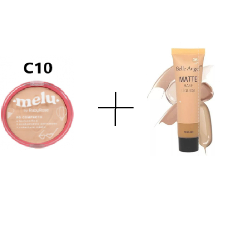 Kit Pó Facial Melu Compacto Ruby Rose + Base Liquida Belle Angel Acabamento Matte