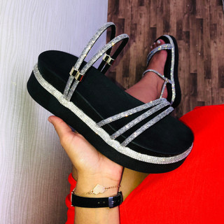 Papete Birken Feminina Plataforma Alta 3 Tiras Ajustável regulagem 2 em 1 - Flatform Strass Brilho