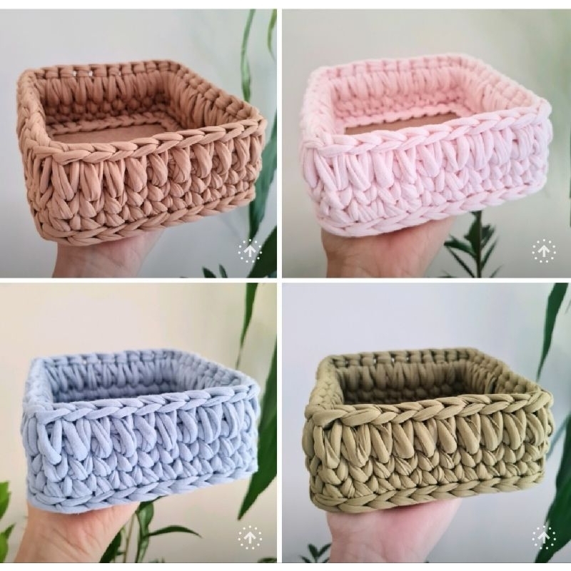 Organizador de Mesa e Bancada Cesto Baixo Multiuso Quadrado Decoração Croche