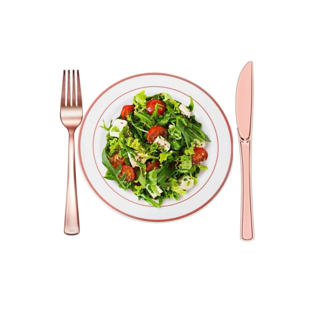 Kit 150 descartáveis pratos de sobremesa de ouro rosa+garfos+facas de plástico de ouro rosa Set,  Para 50 Pessoas em Oferta na Shopee