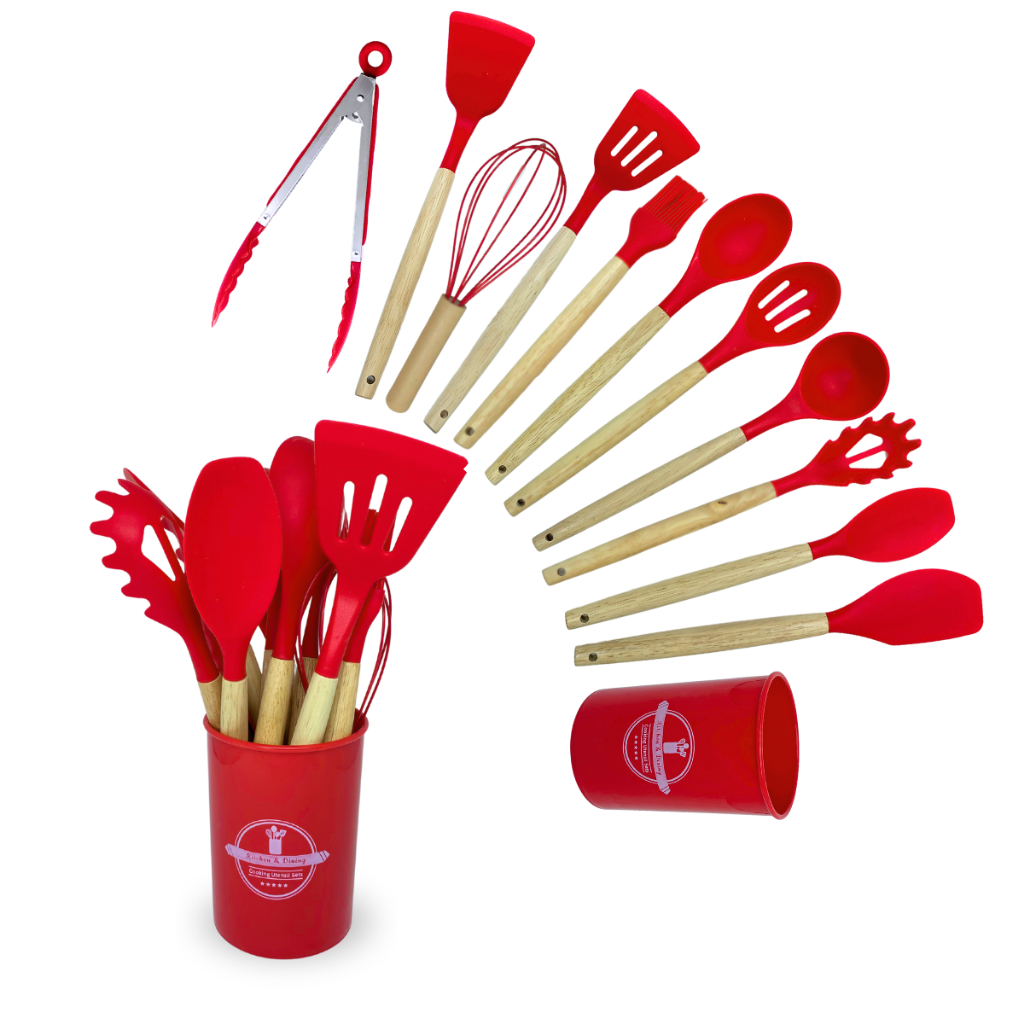 Jogo de Cozinha Kit C/12 Peças de Silicone, Utensílios e Copo Suporte para Cozinha Cabo de Madeira