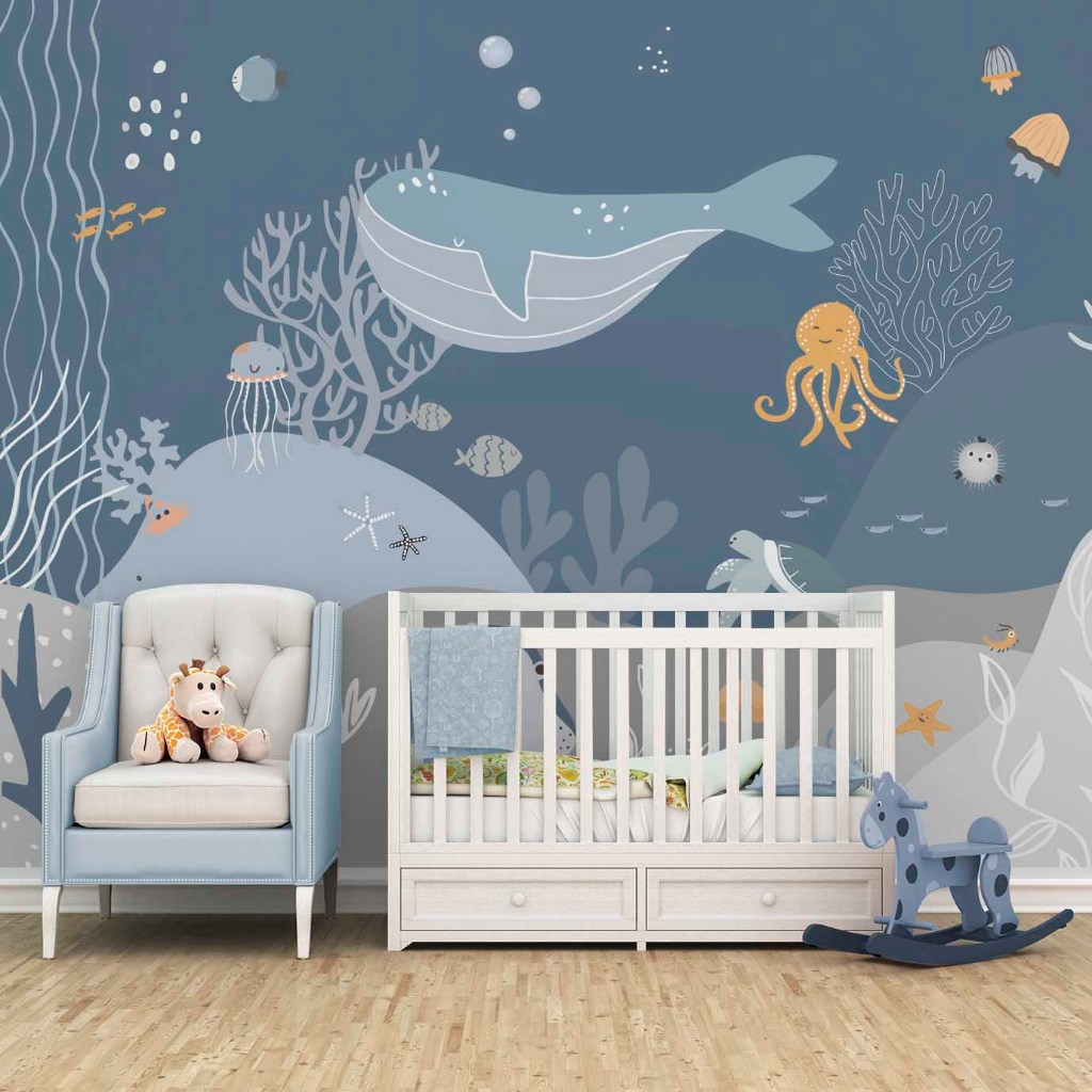 Detalhes do Papel de Parede Infantil Fundo do Mar Animais Marinhos Baleia Peixes VR635 - LEIA A DESCRIÇÃO