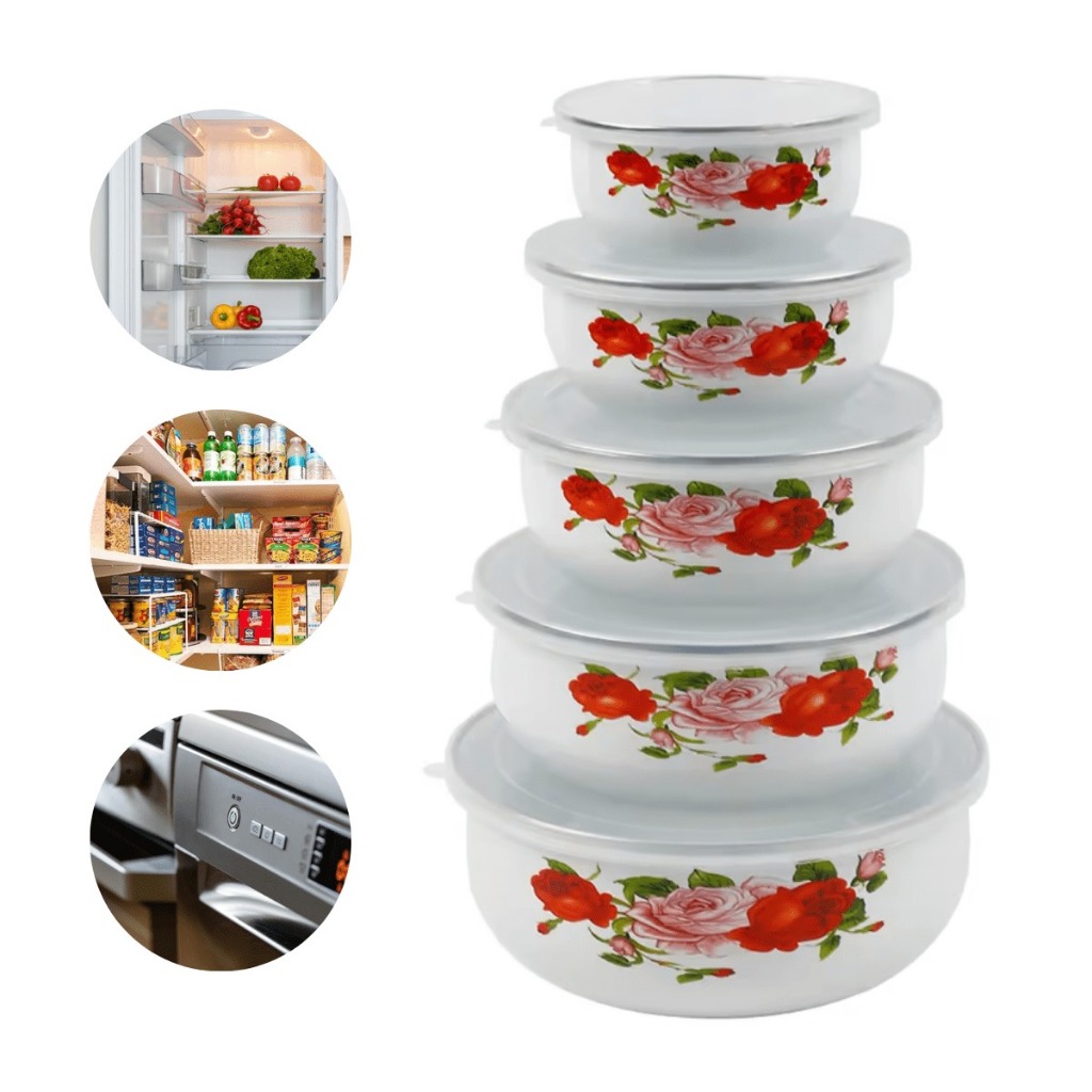 Kit 5 tigela pote Inox com tampa resistente Decorada Organizador de cozinha Armazenar Comida