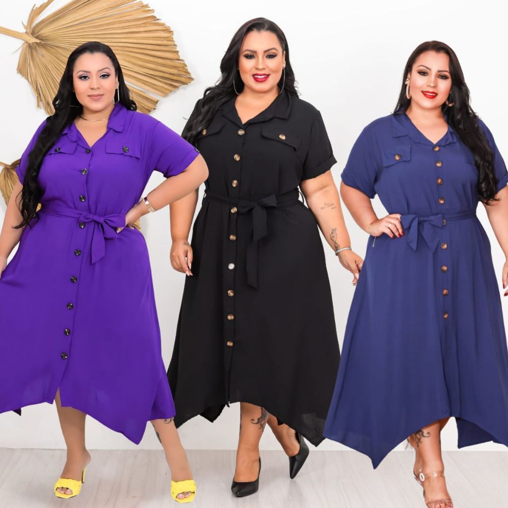 Chamise Vestido Soltinho Plus Size Longo Botao Duna Cinto Chemise de Bico Grande GG 50 52 G2 G3