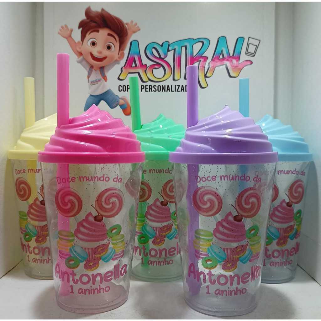 KIT COPO TWISTER PERSONALIZADO 300ML DOCE MUNDO (TAMPA CHANTILLY) em Oferta na Shopee
