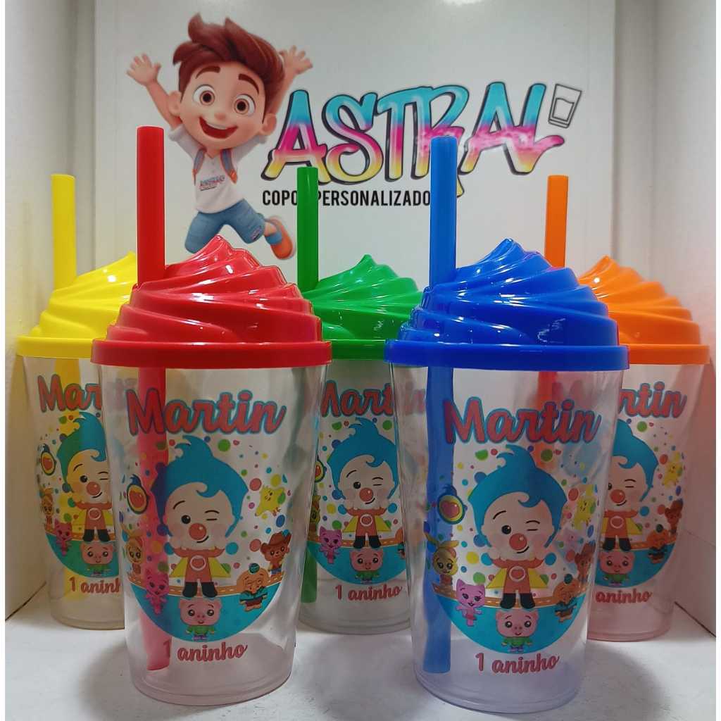 KIT COPO TWISTER PERSONALIZADO 300ML PALHAÇO PLIM PLIM (TAMPA CHANTILLY) em Oferta na Shopee