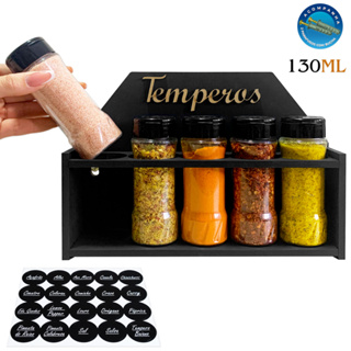 Porta Tempero de Madeira para Parede ou Bancada Mesa com 5 Potes 130ml + Etiquetas Buchas Parafusos em Oferta na Shopee