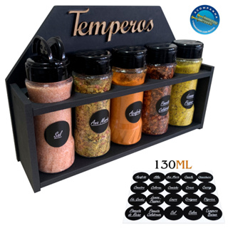 Suporte de Tempero Condimentos com 5 Potes 130ml Tampa Dupla com Etiquetas em Oferta na Shopee