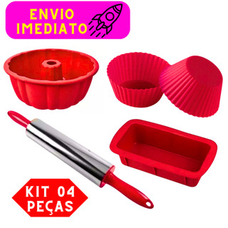 Kit 04 Peças 01 Rolo de Massas 01 Forma de bolo 01 Forma de Pão 01 Forma de Cupcake Formas Silicone
